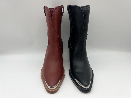 Botas de couro do vestido das mulheres fechados do projeto do metal do dedo do pé, botas de couro genuínas do tornozelo do nappa macio, salto do Abs com outsole de borracha