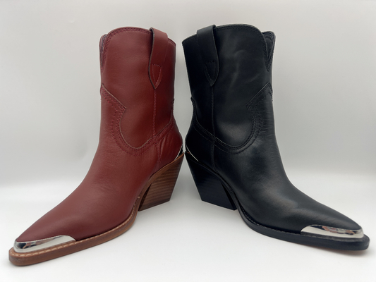 Botas de couro do vestido das mulheres fechados do projeto do metal do dedo do pé, botas de couro genuínas do tornozelo do nappa macio, salto do Abs com outsole de borracha