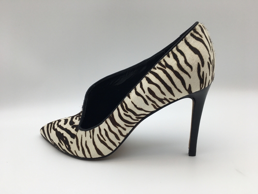 botas do vestido das mulheres do salto de estilete do teste padrão da zebra, nappa bicolor macio de couro, dedo do pé aguçado com a parte superior do projeto da forma de V