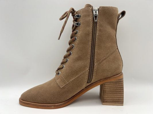 O laço acima das botas do tornozelo do salto alto, couro macio das mulheres da camurça da vaca com forro térmico do luxuoso, botas impermeáveis do inverno das mulheres
