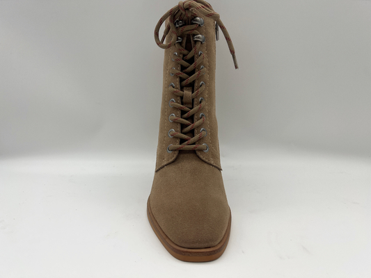 O laço acima das botas do tornozelo do salto alto, couro macio das mulheres da camurça da vaca com forro térmico do luxuoso, botas impermeáveis do inverno das mulheres