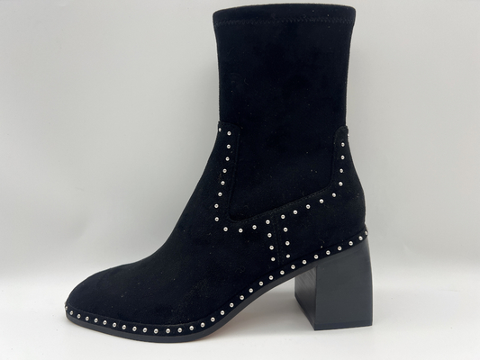 botas macias com projeto do zíper do metal, salto quadrado do tornozelo do couro da camurça e do vestido das mulheres negras da tela do lycra do estiramento do Abs