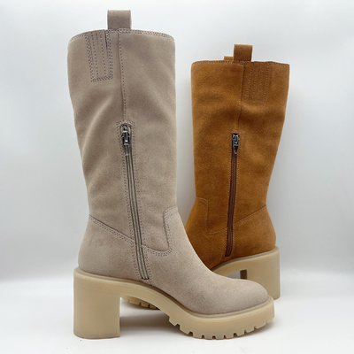 Botas do vestido das mulheres de couro da camurça macia de Brown com o 3/4 de zíper do metal do ykk, uma parte de outsole de TPR
