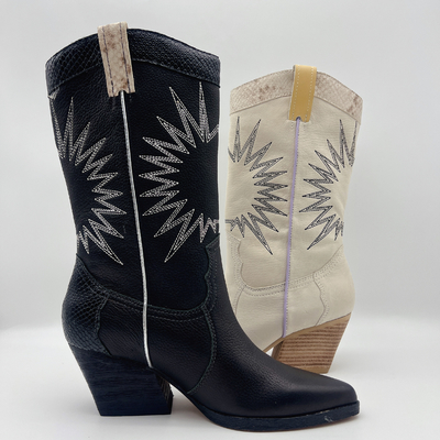 botas do vestido das mulheres de couro macias da grão do lichi com teste padrão do bordado do sol, salto robusto do Abs quadrado com outsole de TPR