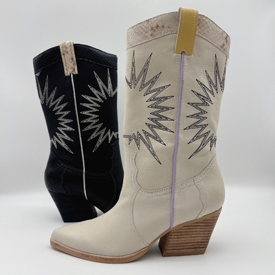 botas do vestido das mulheres de couro macias da grão do lichi com teste padrão do bordado do sol, salto robusto do Abs quadrado com outsole de TPR