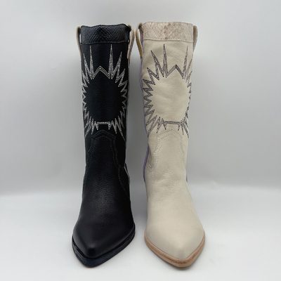 botas do vestido das mulheres de couro macias da grão do lichi com teste padrão do bordado do sol, salto robusto do Abs quadrado com outsole de TPR
