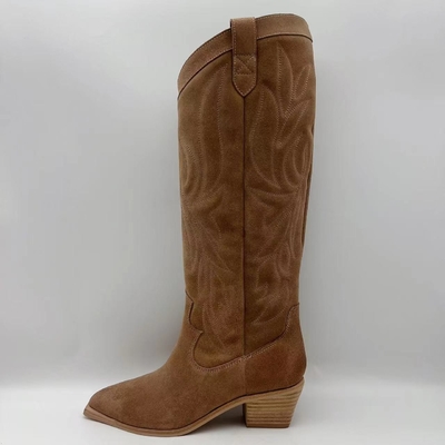 Da camurça macia da vaca de Brown botas do vestido das mulheres de couro genuínas, outsole de TPR com salto do Abs