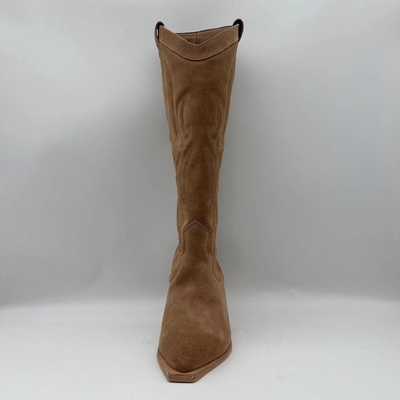 Da camurça macia da vaca de Brown botas do vestido das mulheres de couro genuínas, outsole de TPR com salto do Abs