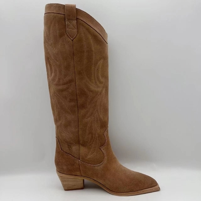 Da camurça macia da vaca de Brown botas do vestido das mulheres de couro genuínas, outsole de TPR com salto do Abs