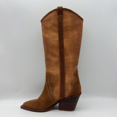 couro macio da camurça da vaca com a lona superior, botas de couro genuínas do vestido do inverno das mulheres aguçados do dedo do pé