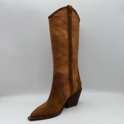 couro macio da camurça da vaca com a lona superior, botas de couro genuínas do vestido do inverno das mulheres aguçados do dedo do pé