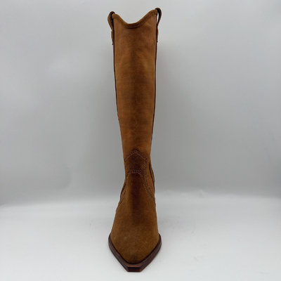 couro macio da camurça da vaca com a lona superior, botas de couro genuínas do vestido do inverno das mulheres aguçados do dedo do pé