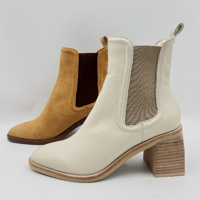 Botas redondas do vestido de Toe Ankle Boots Womens Leather bronzeados/bege com faixa elástica