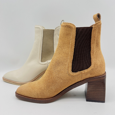 Botas redondas do vestido de Toe Ankle Boots Womens Leather bronzeados/bege com faixa elástica