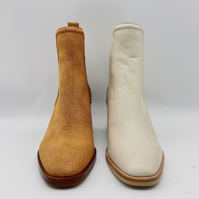 Botas redondas do vestido de Toe Ankle Boots Womens Leather bronzeados/bege com faixa elástica