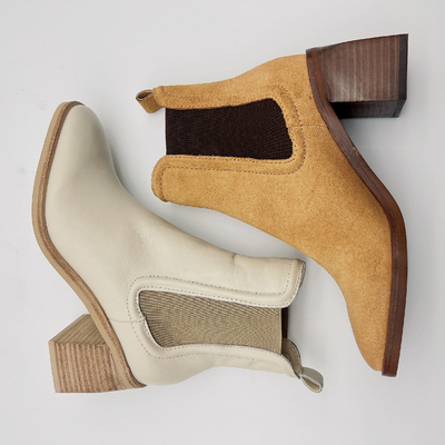 Botas redondas do vestido de Toe Ankle Boots Womens Leather bronzeados/bege com faixa elástica