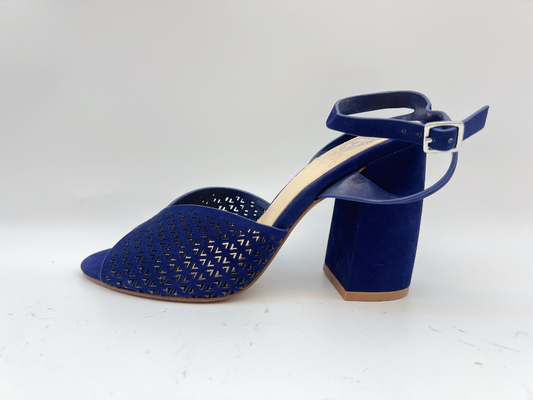 Sandálias de couro genuínas macias de Toe High Heel Sandals Navy Nubuck do quadrado para senhoras
