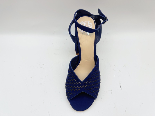 Sandálias de couro genuínas macias de Toe High Heel Sandals Navy Nubuck do quadrado para senhoras
