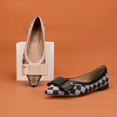 Sapatos femininos macios e leves de couro liso padrão xadrez para escritório