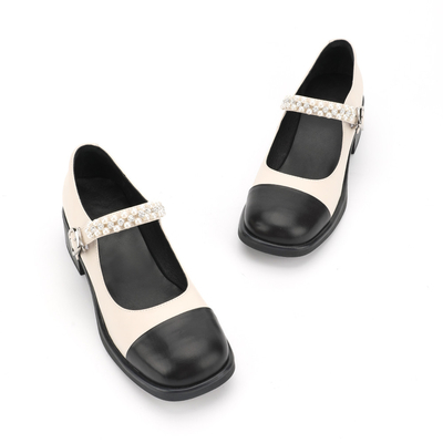 Costura preto e branco de Toe Womens Leather Flat Shoes do envoltório principal redondo