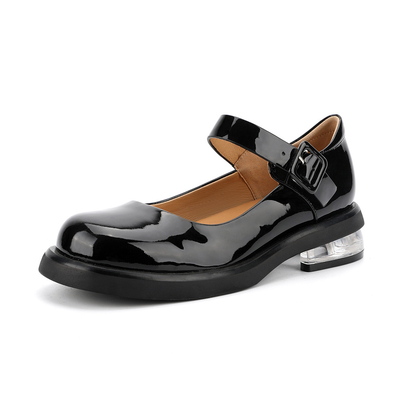 Sapatas de couro genuínas pretas confortáveis das mulheres em volta de Mary Jane Low Heels principal