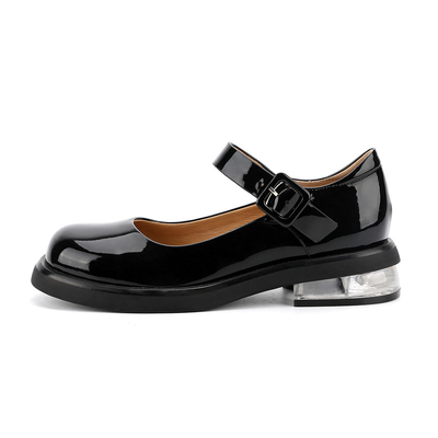 Sapatas de couro genuínas pretas confortáveis das mulheres em volta de Mary Jane Low Heels principal