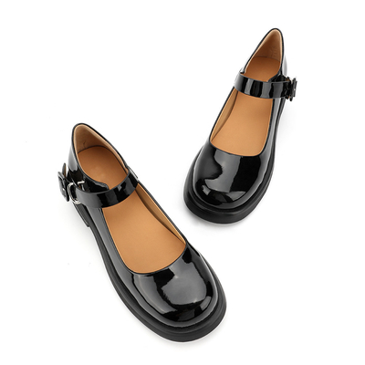 Sapatas de couro genuínas pretas confortáveis das mulheres em volta de Mary Jane Low Heels principal