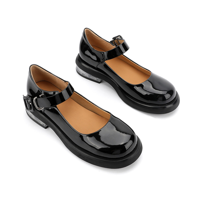 Sapatas de couro genuínas pretas confortáveis das mulheres em volta de Mary Jane Low Heels principal