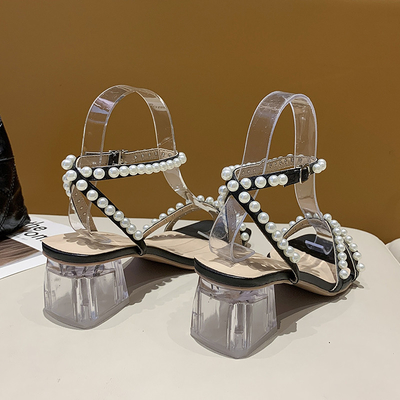 Senhora nova grossa Sandals Pearl Beautiful de Soled do salto quadrado alto transparente