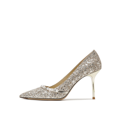 Bombas do casamento das senhoras da mola, pérola brilhante dourada Crystal Shoes da pele de carneiro