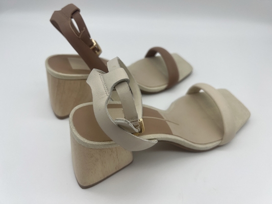 Toe Sandals fechado bege durável, quadrado colocado saltos de madeira real Toe Ankle Strap Sandals