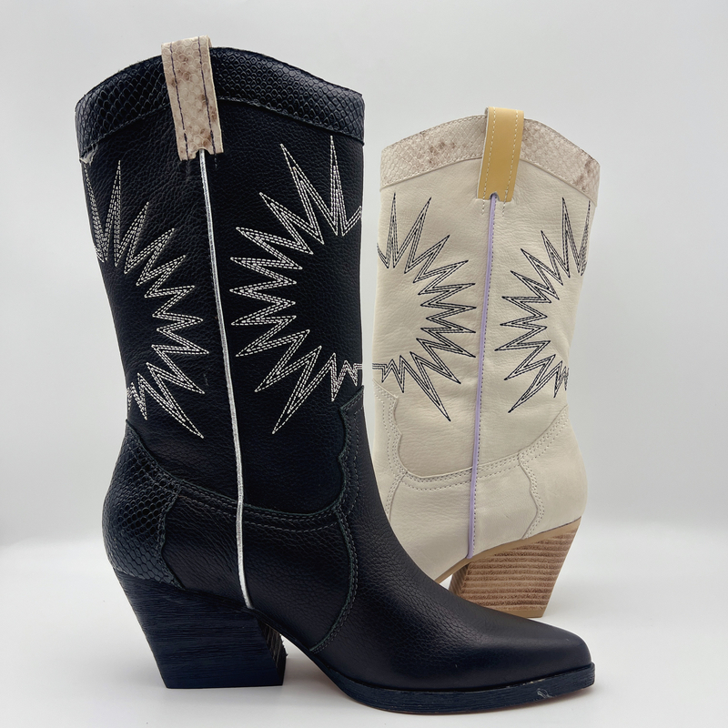 botas do vestido das mulheres de couro macias da grão do lichi com teste padrão do bordado do sol, salto robusto do Abs quadrado com outsole de TPR