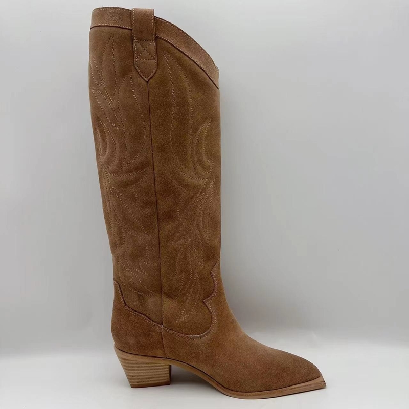 Da camurça macia da vaca de Brown botas do vestido das mulheres de couro genuínas, outsole de TPR com salto do Abs