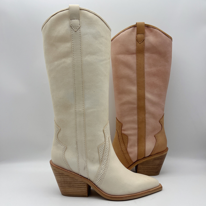 o couro macio da camurça da vaca com lona macia do bordado, apontou das mulheres altas do tornozelo do dedo do pé botas do vestido